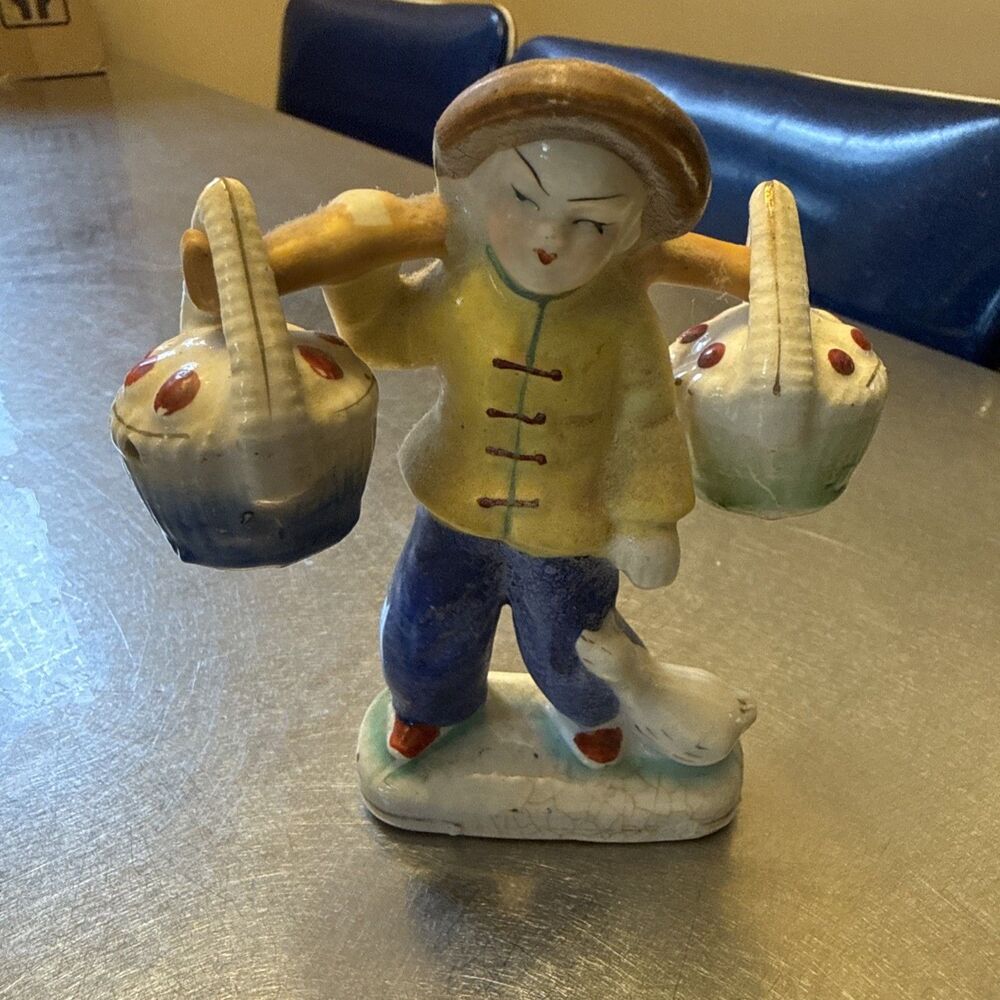 Vintage Porcelain Figurine Man With Duck And Baskets Salt Pepper Occupied Japan